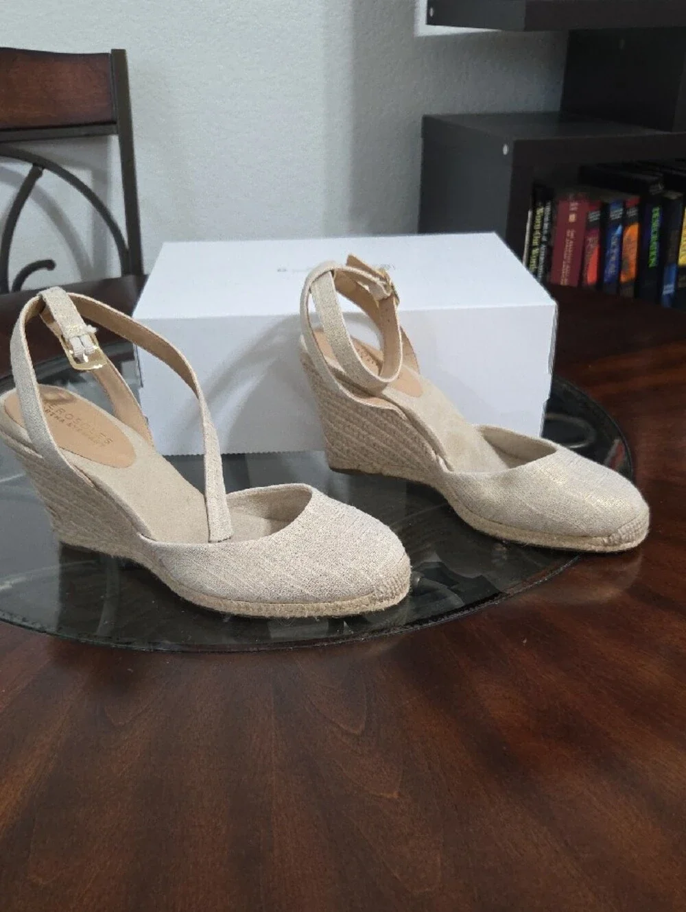 AEROSOLES Beige Espadrille Wedge Sandals with Ankle Strap